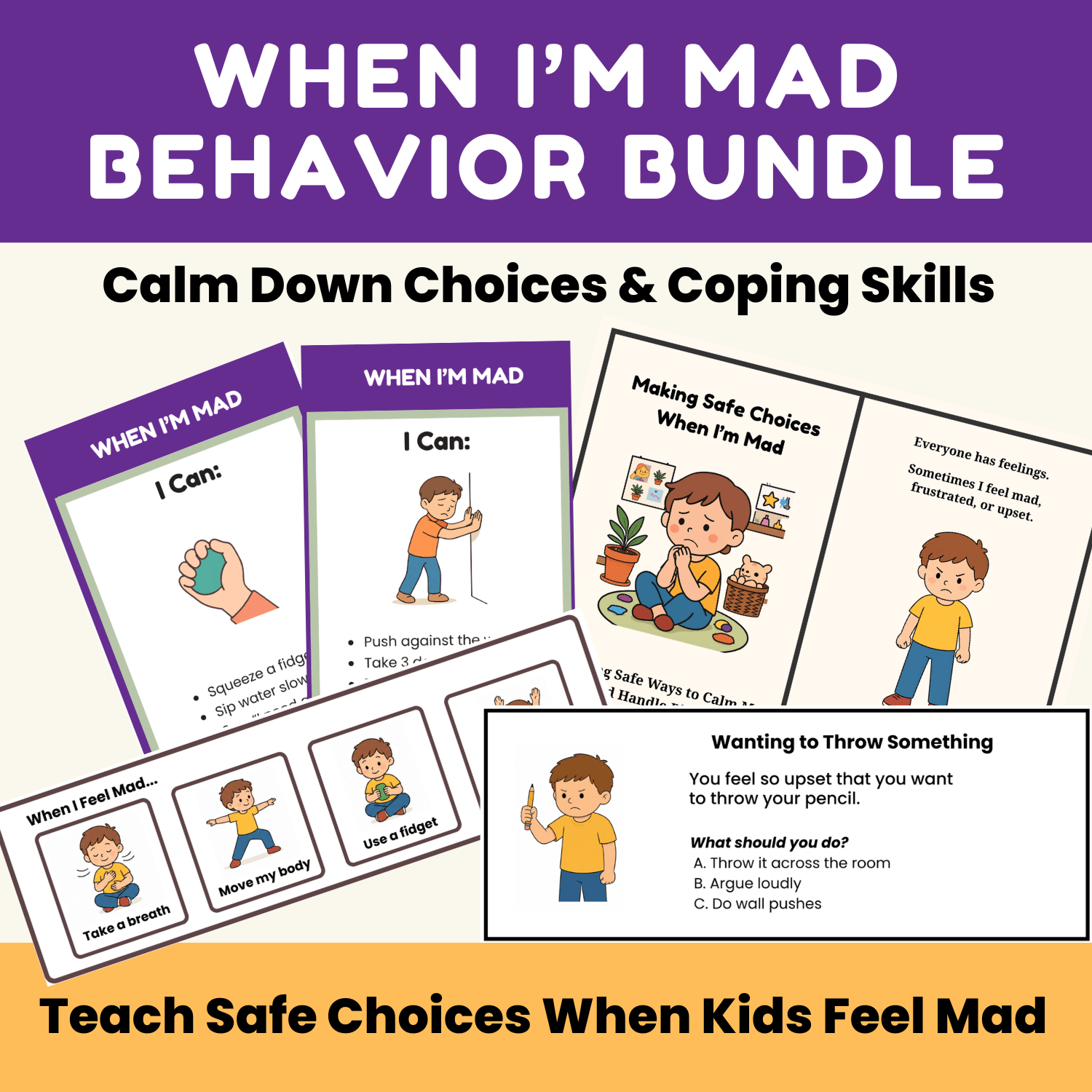 When I’m Mad behavior bundle showing calm-down choices, coping skills visuals, a social story, scenario cards, and regulation strategies for helping kids make safe choices when angry.