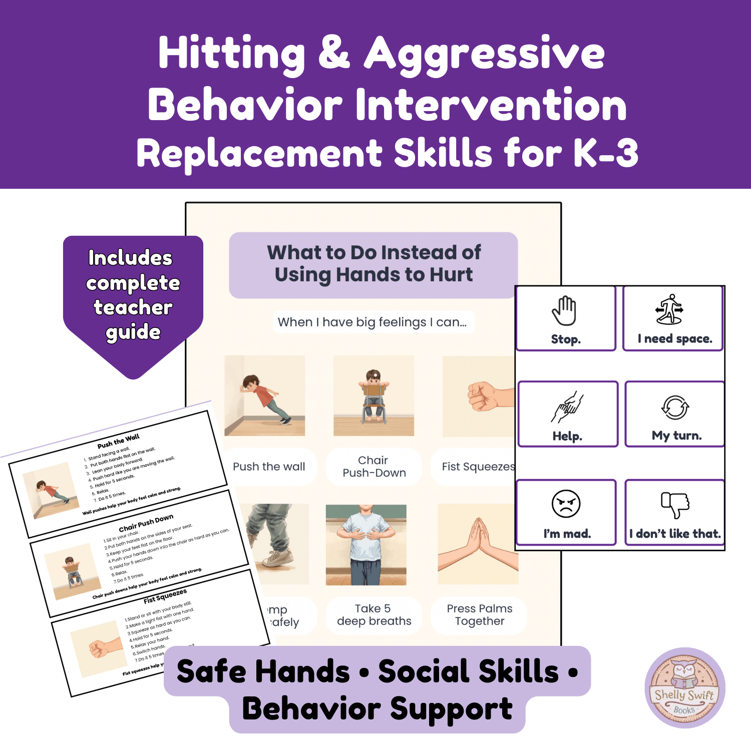 Hitting and aggressive behavior intervention visual supports for K–3 with replacement skills, safe hands strategies, communication cue cards, and body-based coping tools.