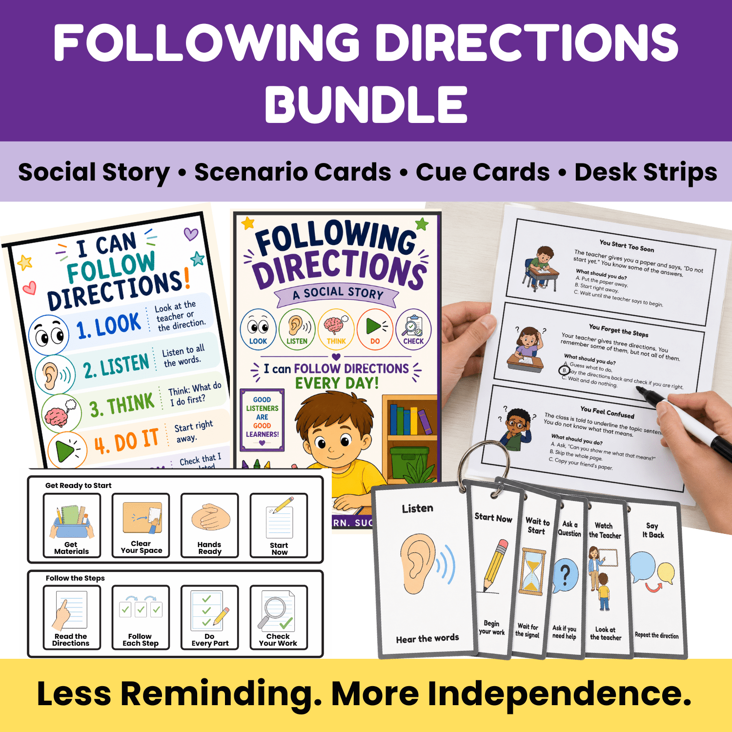 Following Directions Bundle with social story, scenario cards, cue cards, and desk strips that teach students to look, listen, think, start, and check their work.