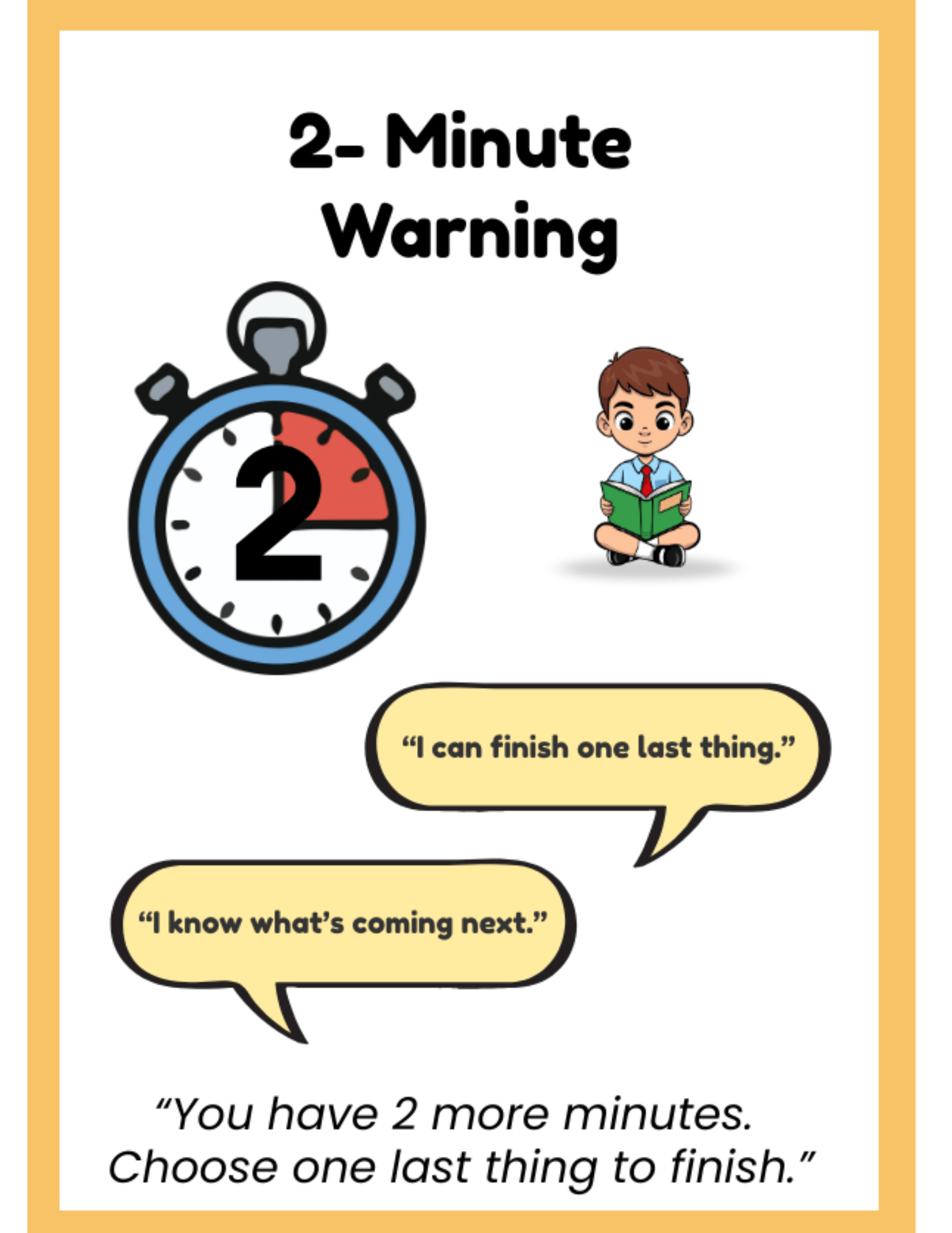 Visual transition cue card showing a two-minute warning with a timer and script to help children prepare for transitions and reduce behavior challenges.
