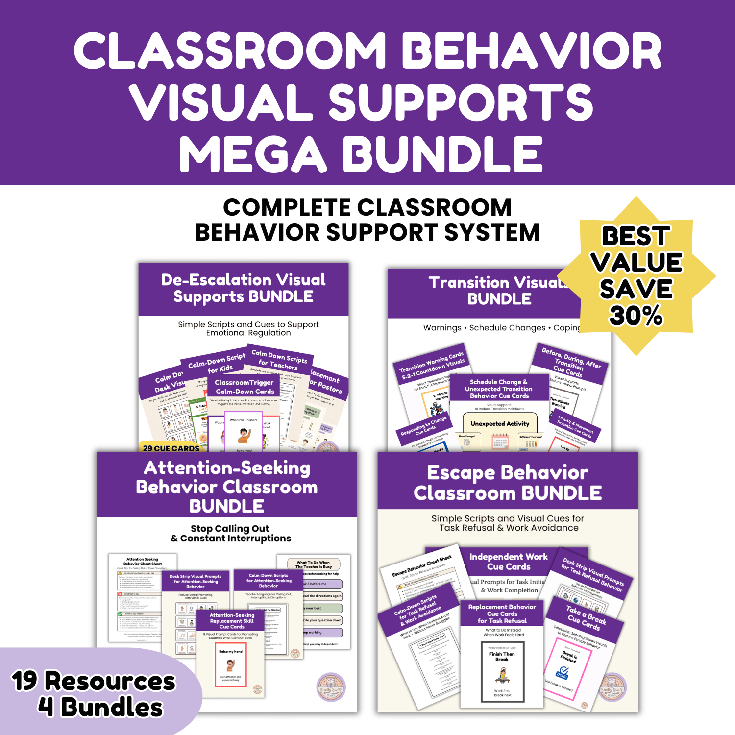 Classroom Behavior Visual Supports Mega Bundle with 19 resources for de-escalation, transitions, attention-seeking behavior, task refusal, and work avoidance.