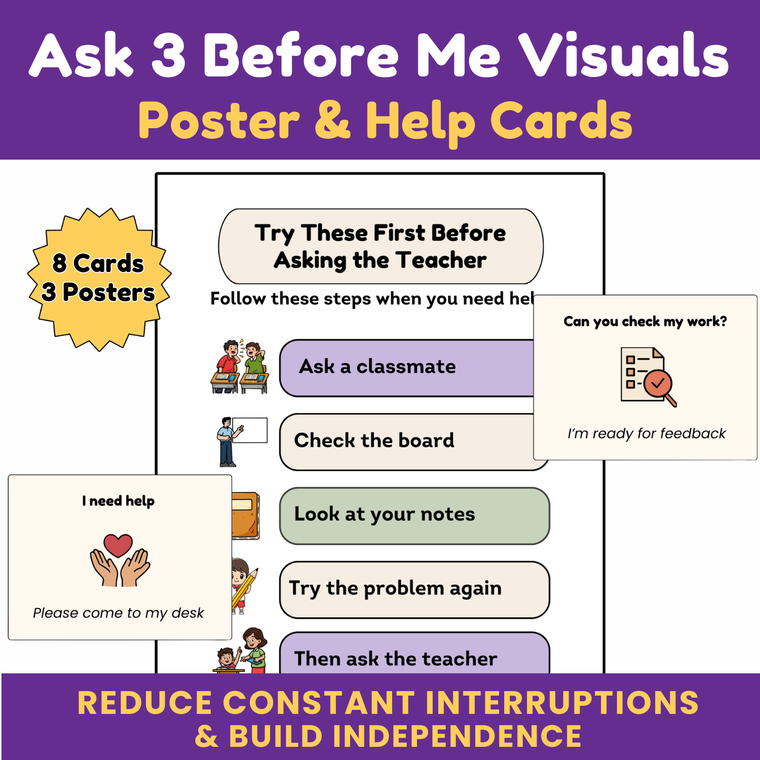 Ask 3 Before Me classroom visual showing a poster and help cards that teach students strategies to try before asking the teacher, designed to reduce interruptions and build independence.
