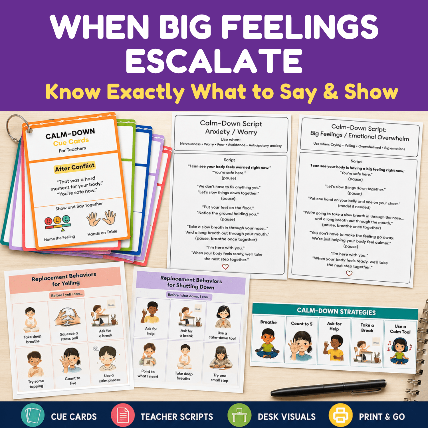 Calm down and de-escalation visual supports with teacher scripts, cue cards, replacement behavior visuals, and calming strategies for classroom emotional regulation.