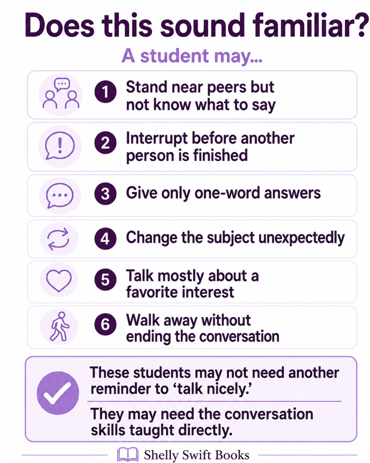 Conversation skills infographic showing six signs a student may need direct instruction, including interrupting, one-word answers, changing the subject, and not knowing how to end a conversation.