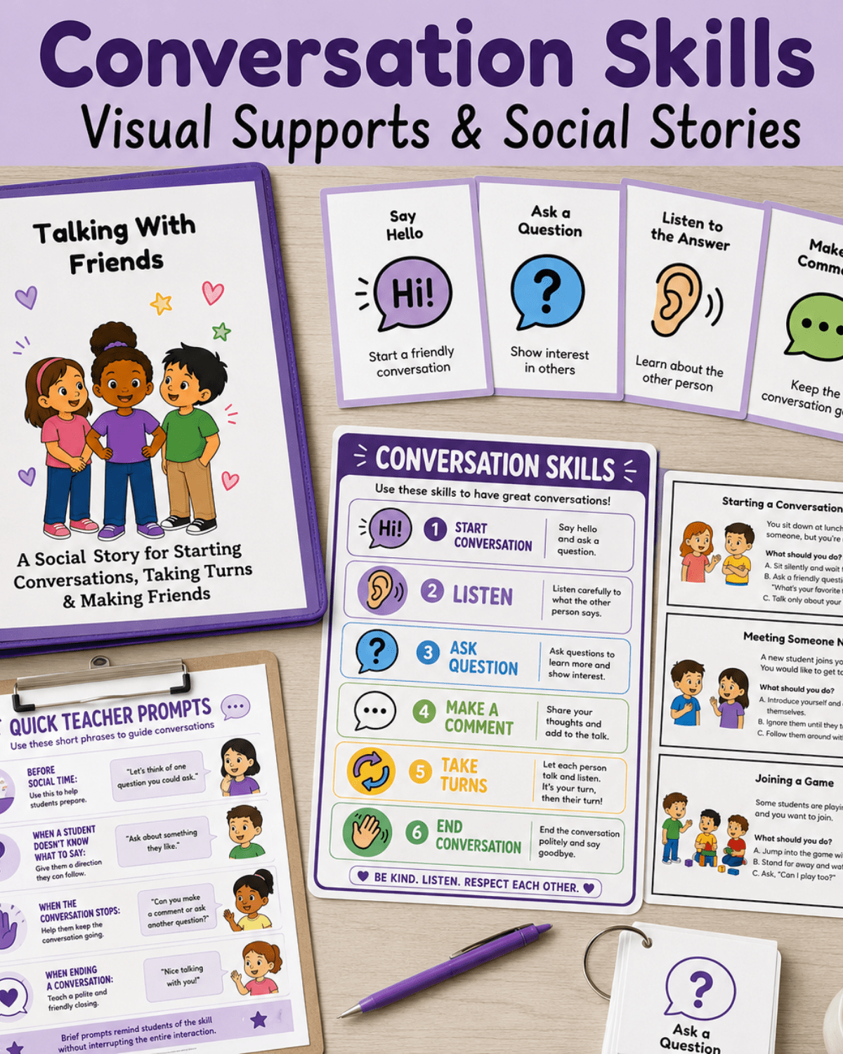 Conversation skills visual supports bundle mockup showing a social story, cue cards, classroom poster, teacher prompts, scenario cards, and desk-strip visuals.