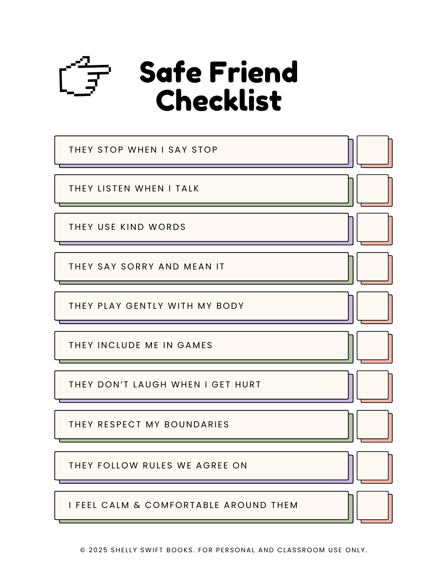 Safe Friend Checklist for teaching healthy friendship skills, boundaries, kindness, and respectful peer behavior