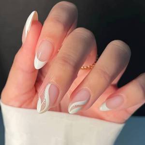 24pcs White French Tips Press On Nails, Medium Almond Fake Nails With White And Glitter Line Design, Glossy Full Cover False Nails