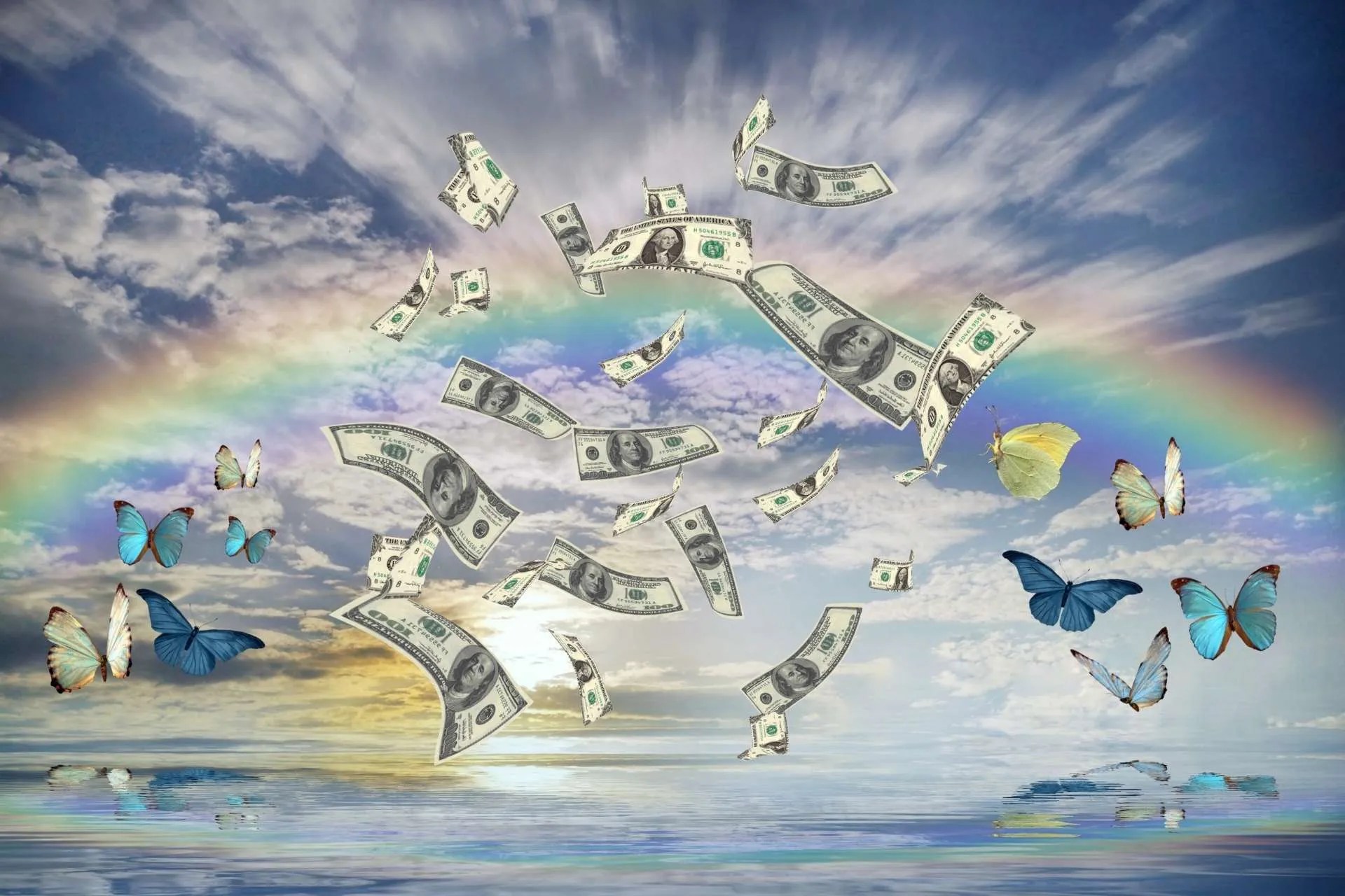 Photo of rainbow, butterflies, and dollar bills
