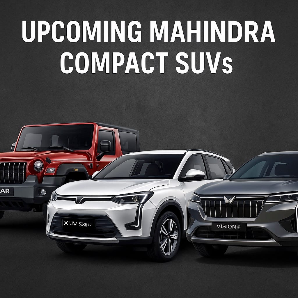 महिंद्रा की तीन आगामी कॉम्पैक्ट SUVs – Thar Facelift, XUV 3XO EV और Vision S – एक साथ प्रदर्शित।
