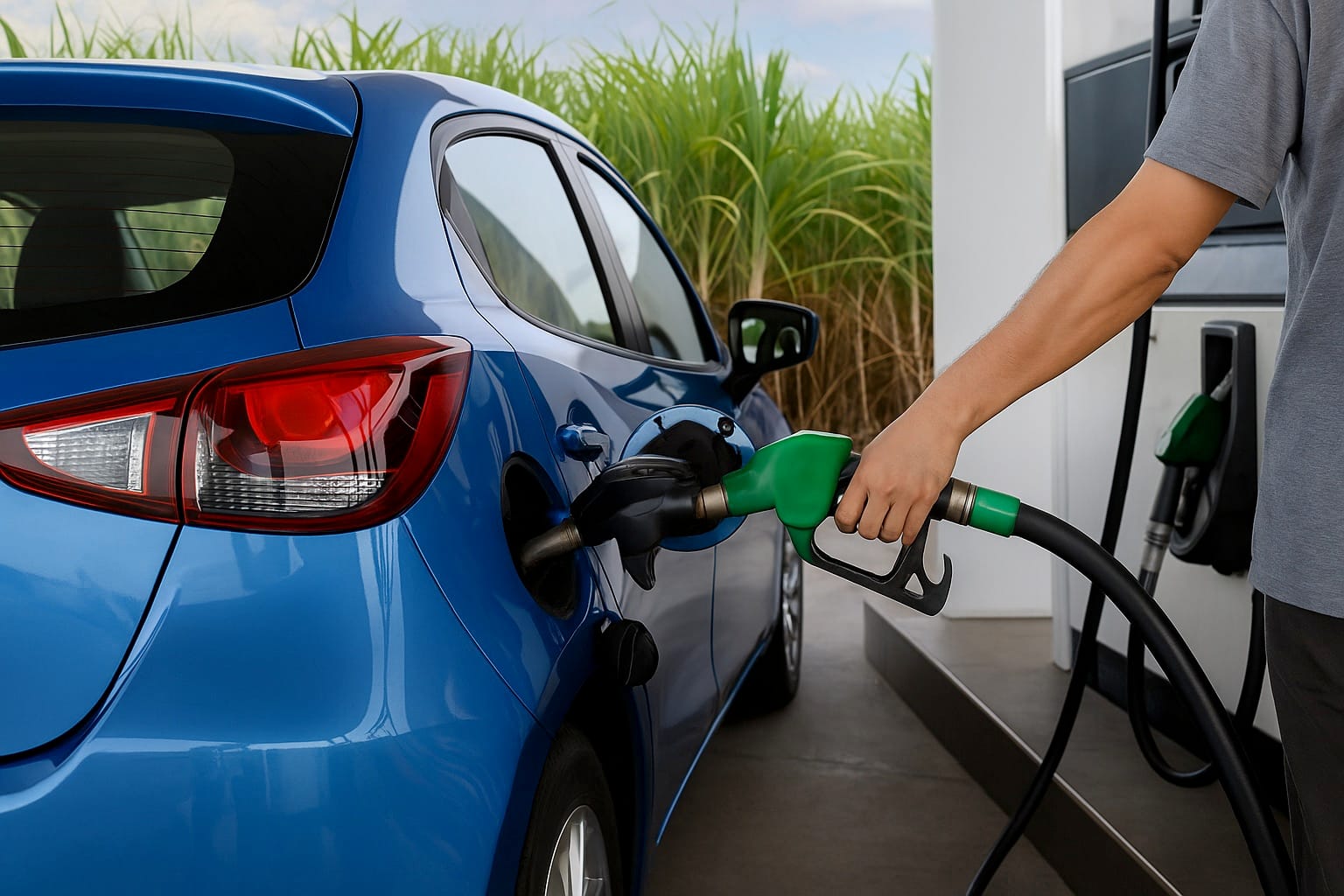 नीली कार में ईंधन भरते समय ग्रीन नोजल से पेट्रोल डालते हुए व्यक्ति, पृष्ठभूमि में गन्ने का खेत।