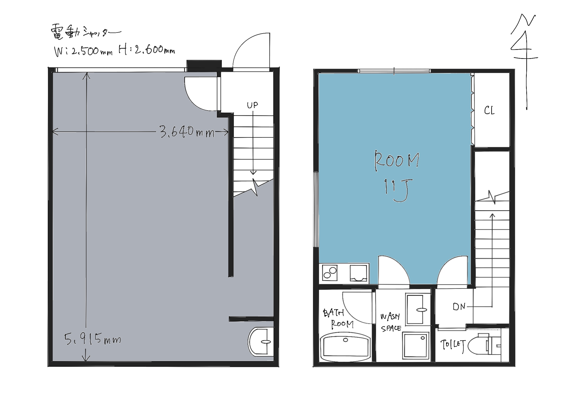 Floor plan showing a large gray left room (5,915 mm by 3,640 mm) with a stairwell in the middle and doors to the right space.