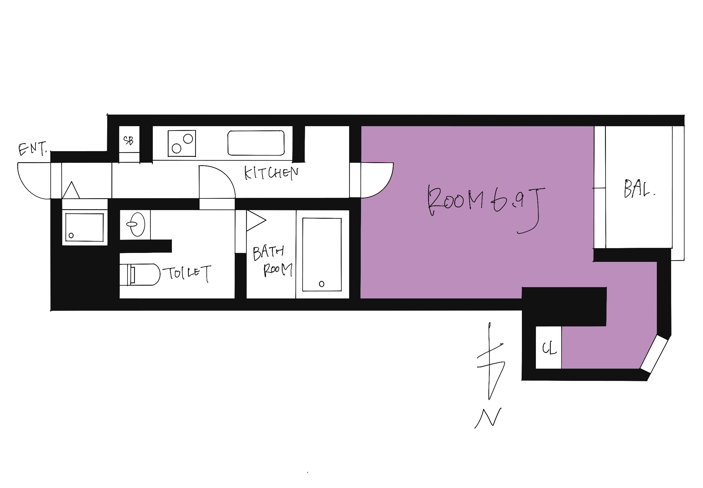 Apartment floor plan: entry on the left, compact kitchen, separate toilet and bathroom, and a large purple living area with a balcony.