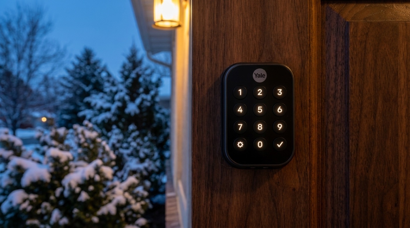 A Yale keypad smart lock glowing on a walnut front door at dusk in the snow
