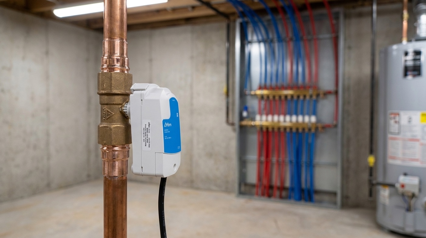 An Alarm.com smart water shutoff valve installed on a copper water main in a Utah basement