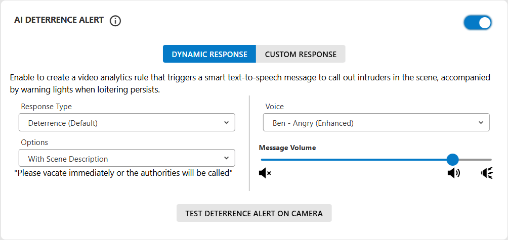 AI Deterrence: choose a dynamic (preset) response the camera plays when a rule fires.
