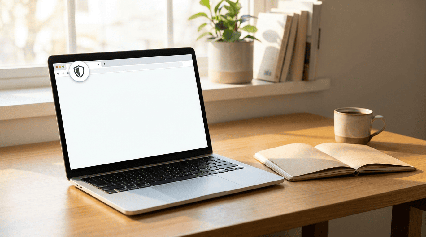 ublock origin lite, laptop browser with a shield icon on a tidy desk