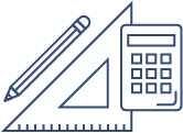 simple line icon of a square, pencil and calculator