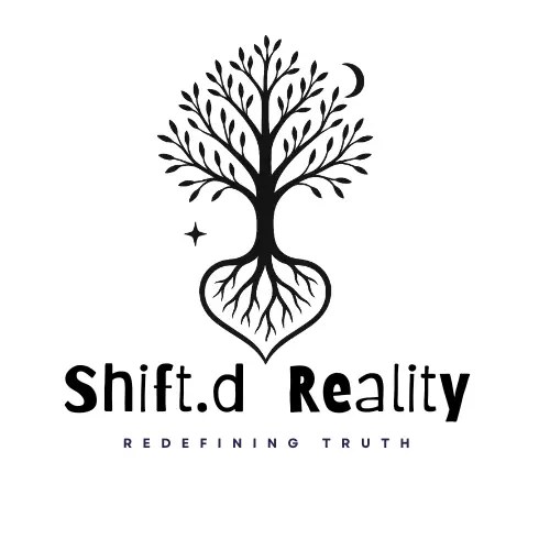 Black and white tree logo shaped like a placenta with flowing roots forming a heart, moon and star above—symbolizing motherhood, spirituality, and holistic living for Shiftd Reality