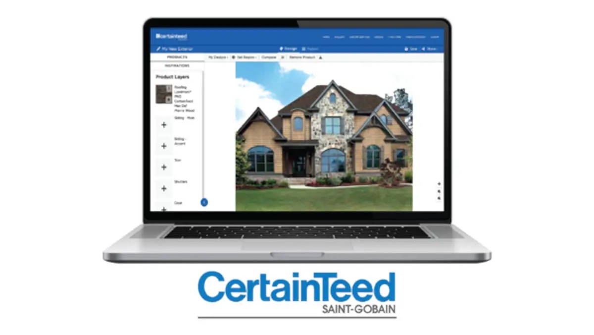 CertainTeed roofing visualizer tool showing asphalt shingle color options on a residential home