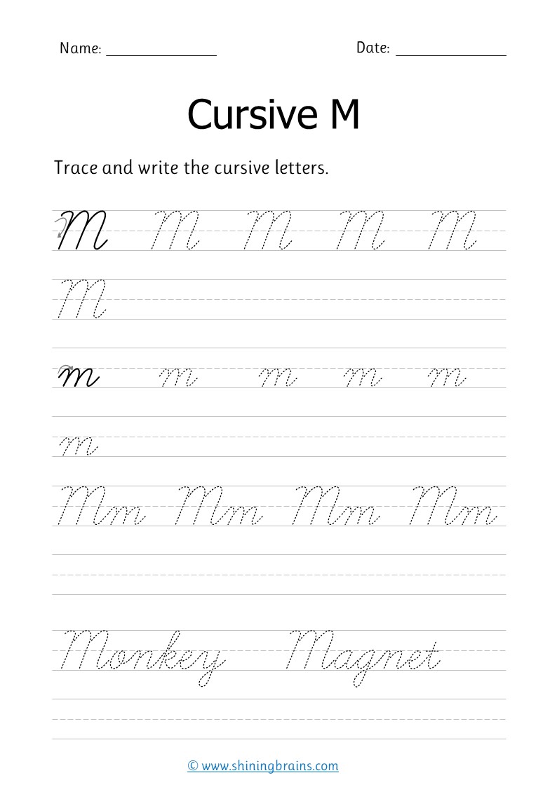 cursive m free cursive writing worksheet for small and capital m practice