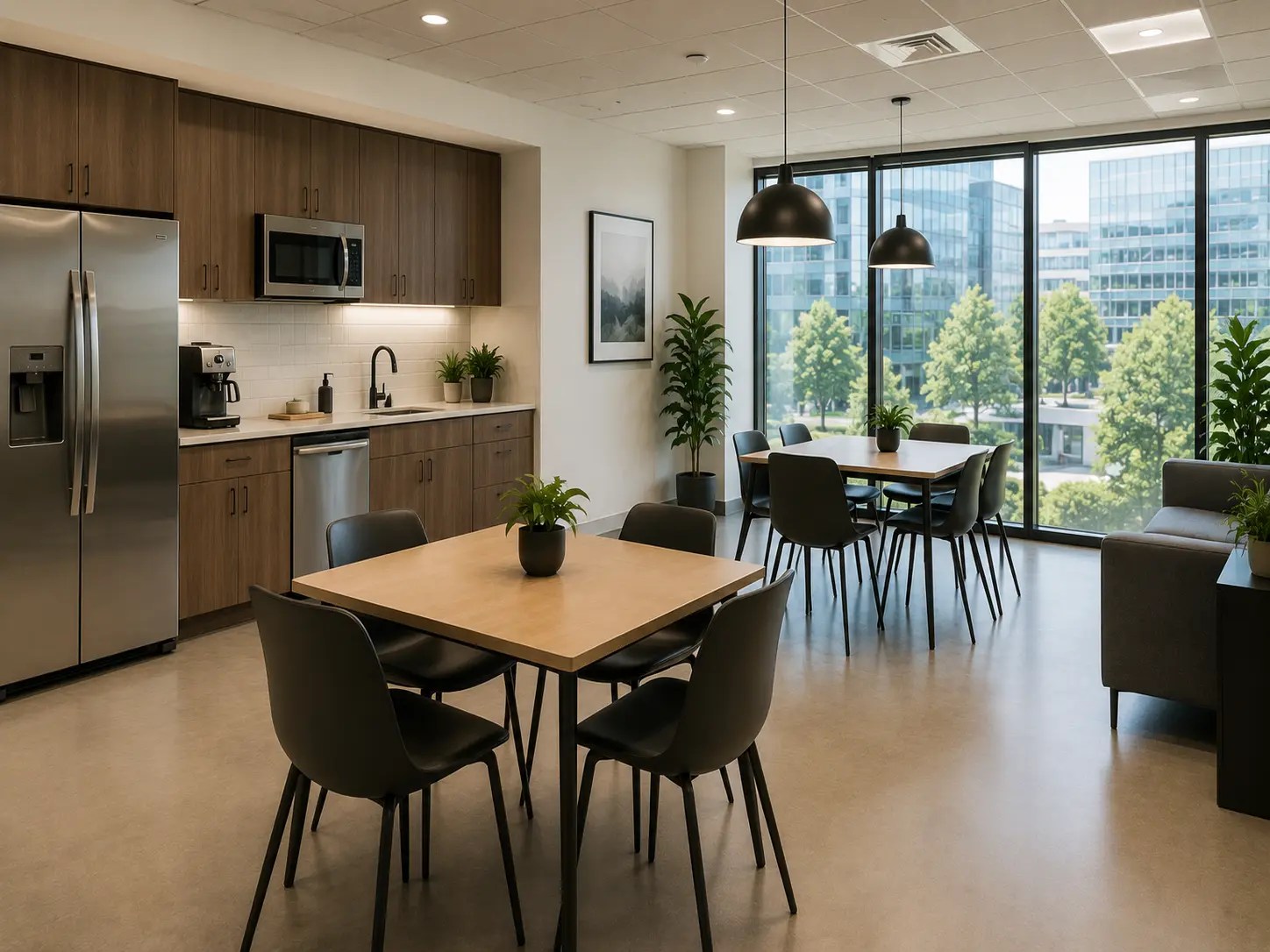 Clean office break room with counters, sink, table, and appliances
