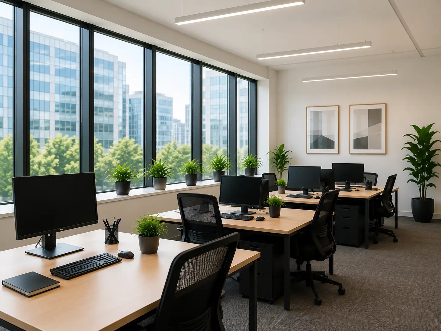Clean office workstations with organized desks and chairs