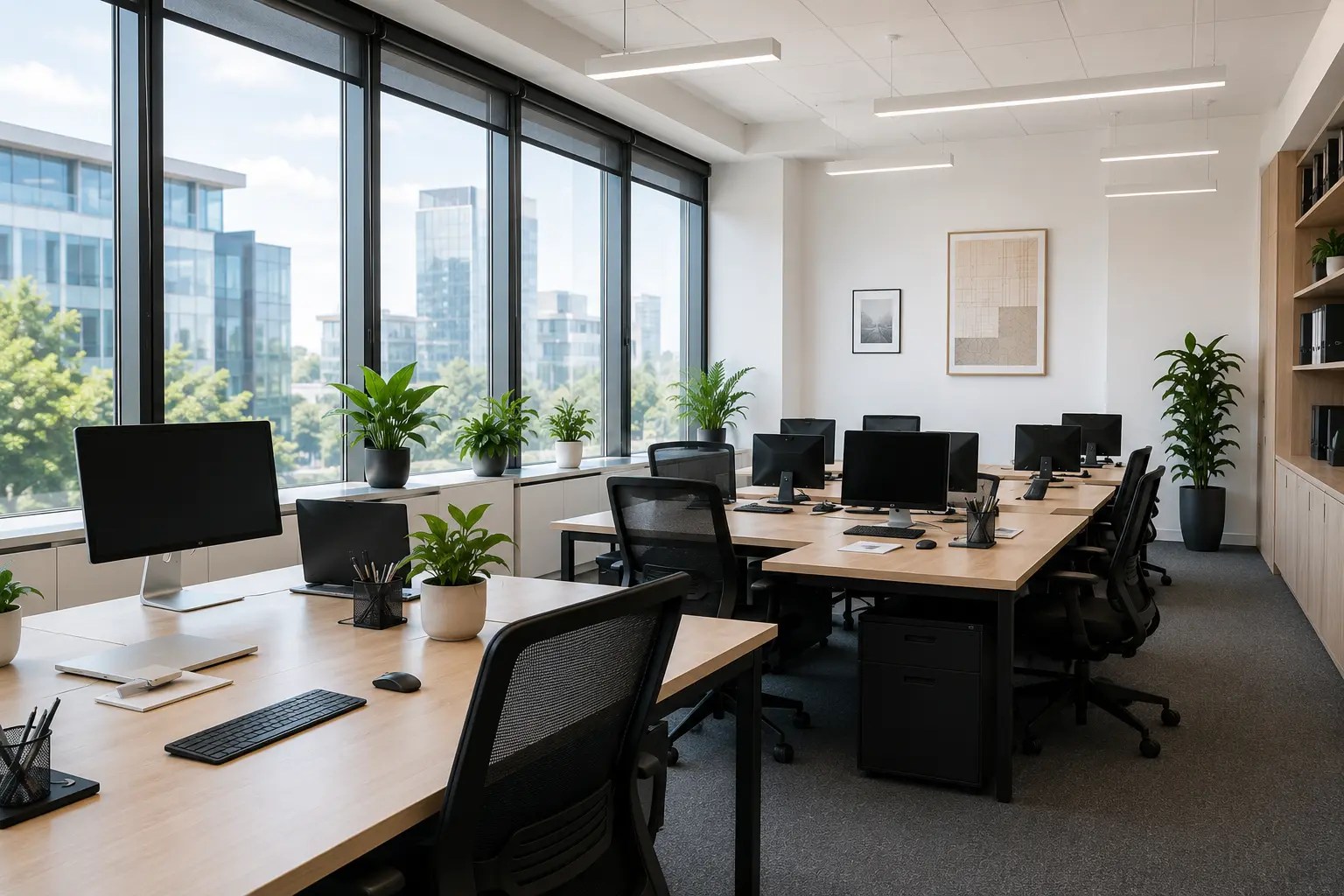 Clean modern office with desks, workstations, and office chairs