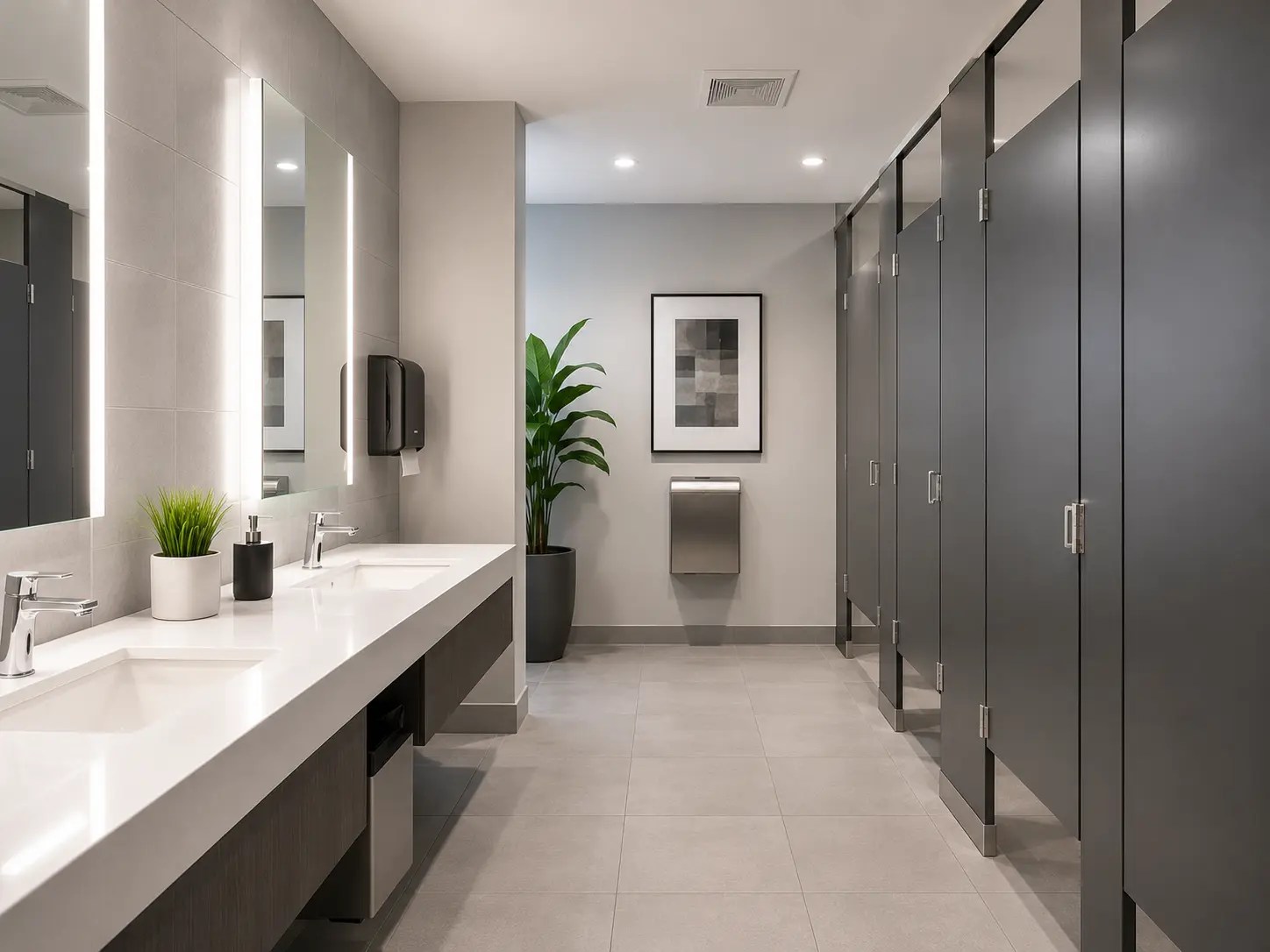 Sanitized office restroom with clean sinks, mirrors, and fixtures