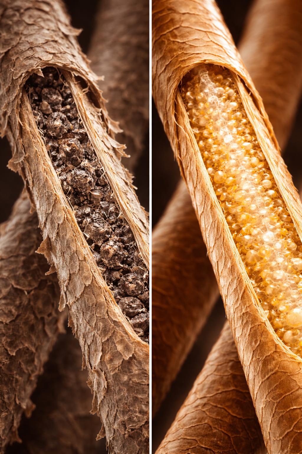 La fibra capillare al microscopio, prima svuotata e dopo piena