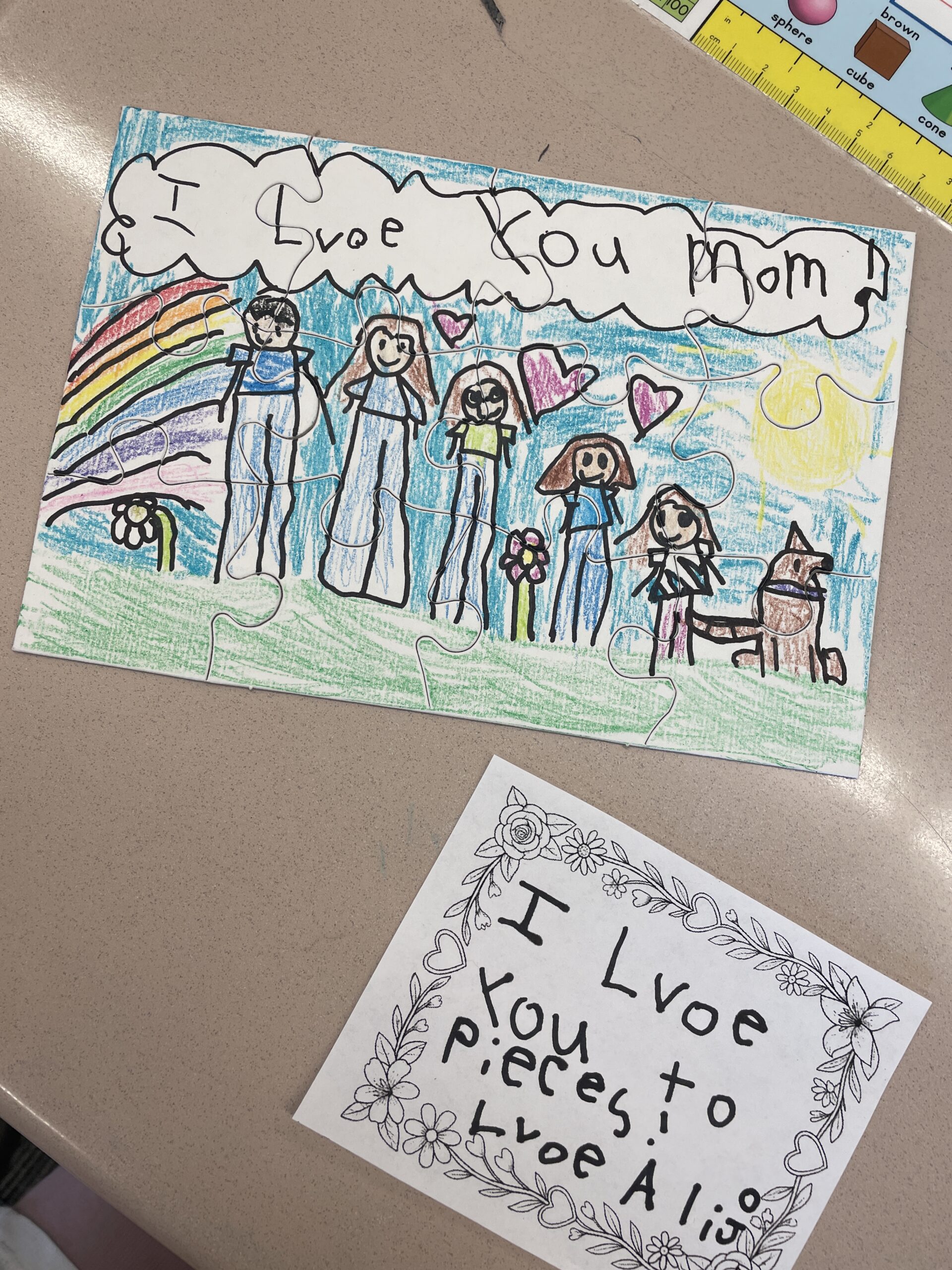 a kid-drawn puzzle mother's day gift in a first grade classroom