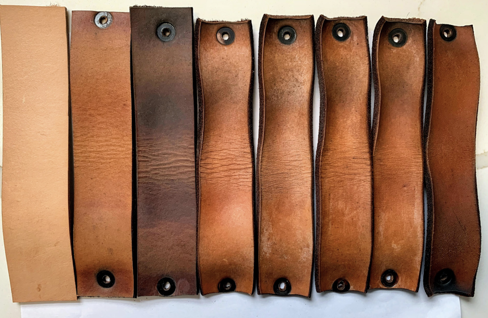 Leather conditioner test strips, veg tanned leather