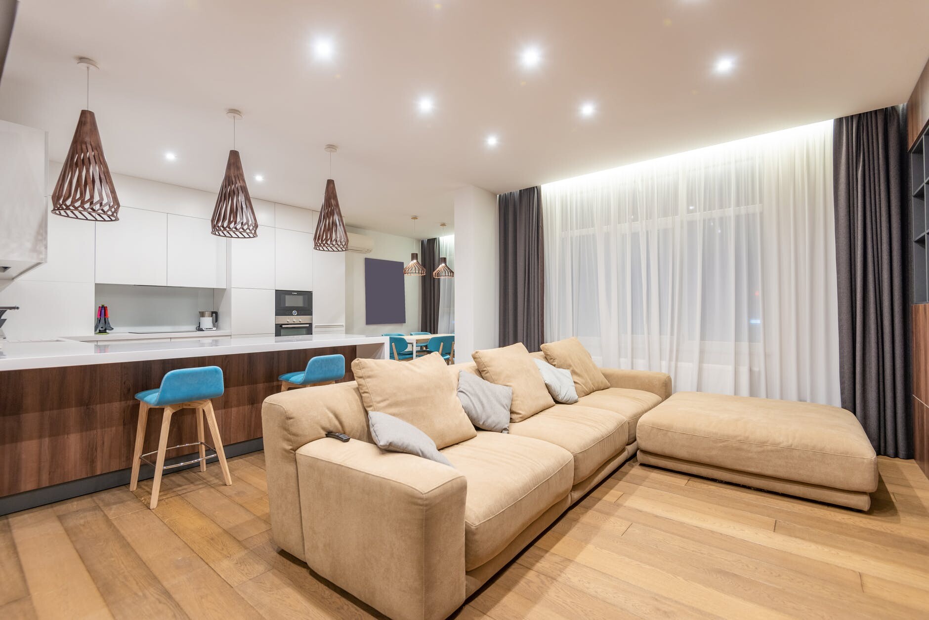 soft couch near kitchen counter