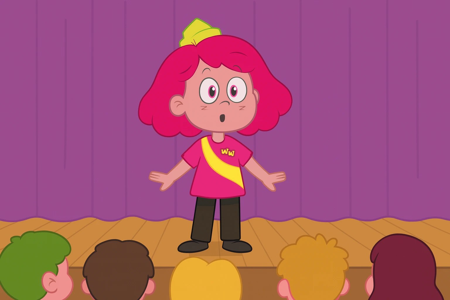 A performer dressed as Robin Hood poses with a confident expression, drawing a wooden bow as if aiming an arrow. She wears a green tunic and hat with a feather, lit dramatically in green.