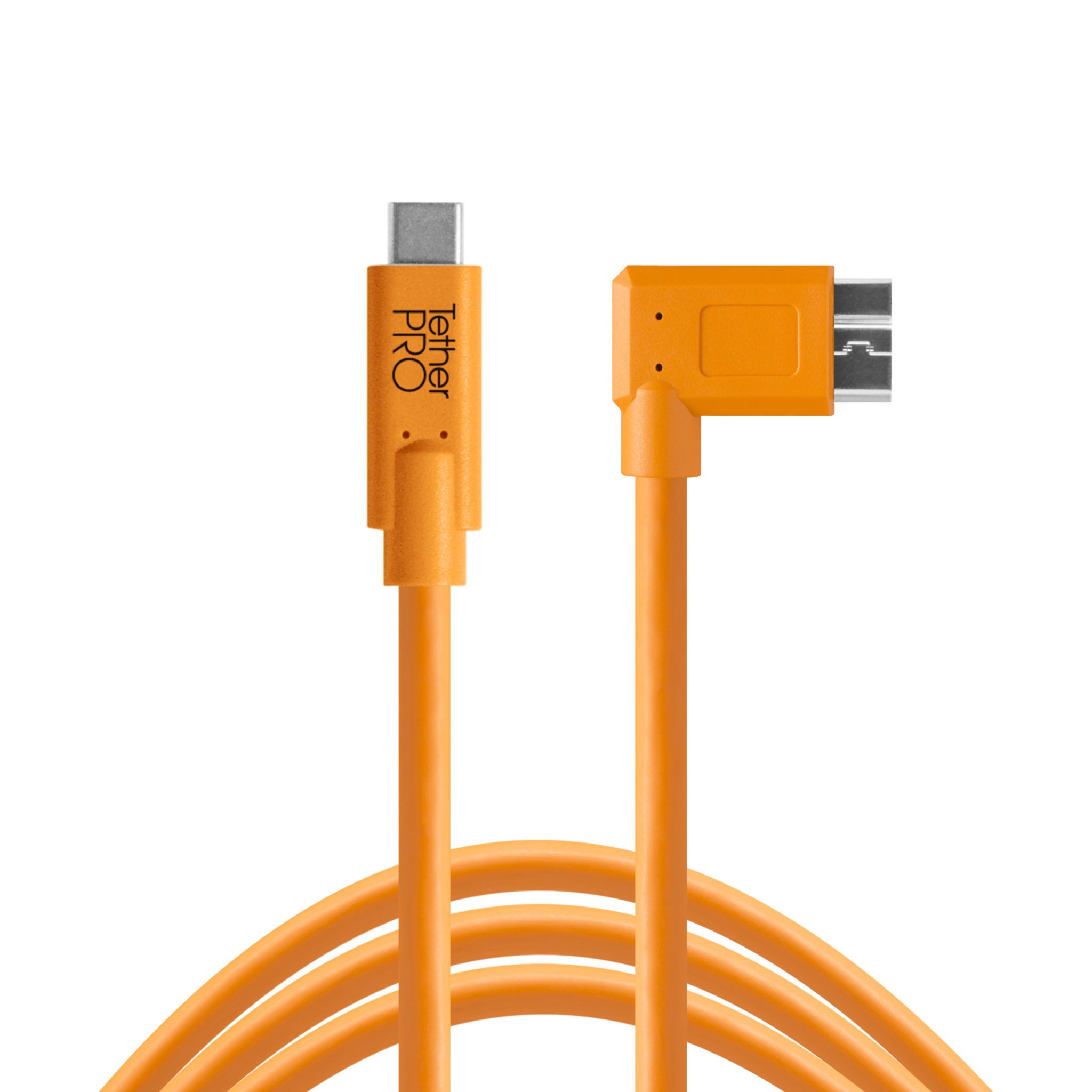 TetherPro USB-C to 3.0 Micro-B Right Angle Cable, 15' (4.6m), High-Visibility Orange