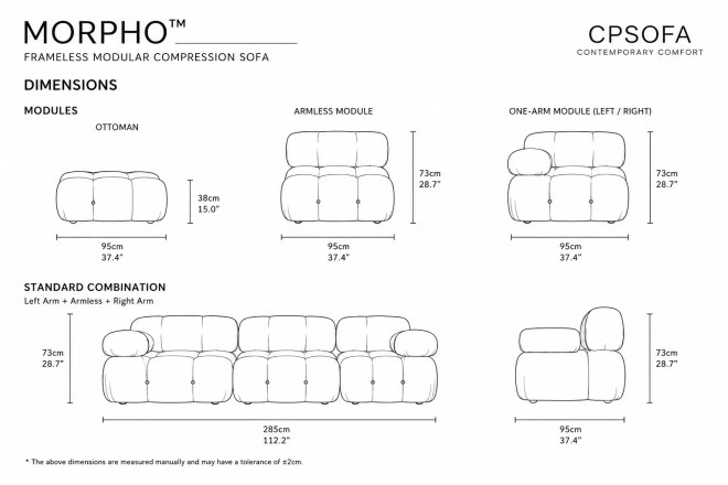 Morpho frameless modular compression sofa dimensions