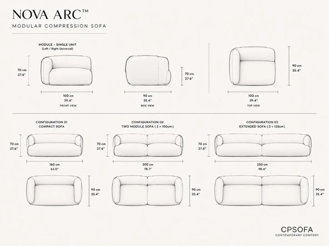 NOVA ARC™ Modular Compression Sofa dimensions