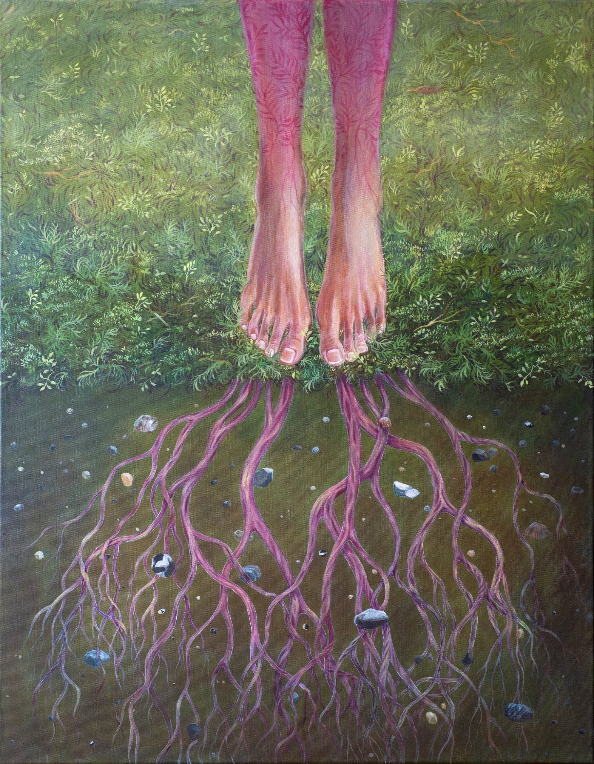Originalt, Maleri, Lisbeth Thygesen, akryl på lærred, kunst, til salg, til væggen, interiør, hjem, indretning, kunstsamler, fødder, rødder, jordforbindelse, sten, jord, planter