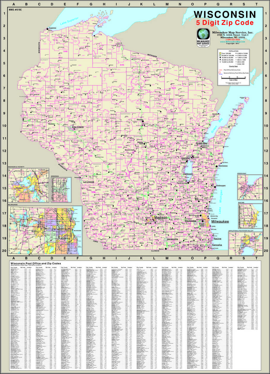 Printable Wisconsin Zip Code Map 0000845 State Wall.