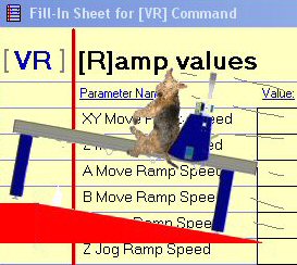 Cute dog sitting on CNC machine that is angled to look like it is moving up a red ramp. VR Ramp values screen in background.