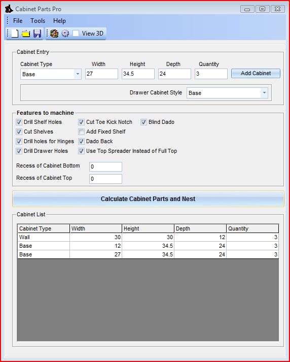 The Cabinet entry sheet in Cabinet Parts Pro.