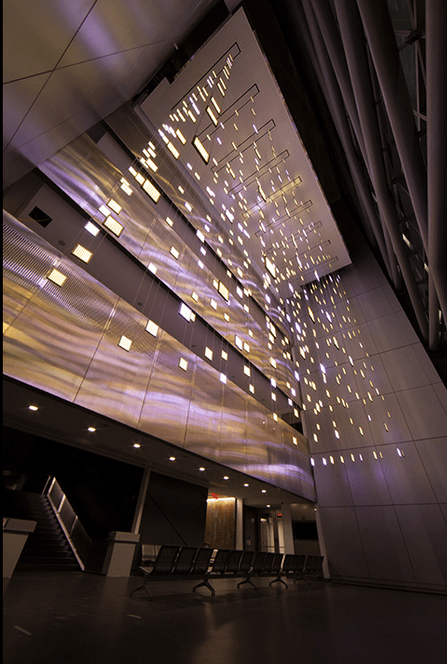 DIAMOND MATRIX, 2014 410 suspended light panels with acrylic and animated RGB-LEDs 50 x 54 x 24 ft ft 15.2 x 16.5 x 7.3 m Building architect: Perkins+Will New York Police Academy Queens, New York, USA