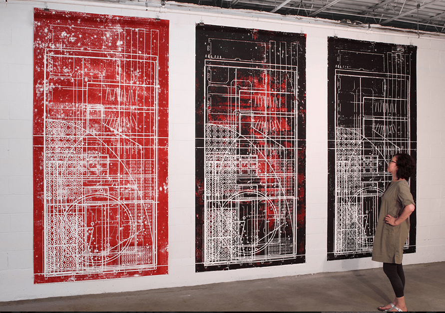 CNC PALIMPSEST PRINTS (August 11, 2014) 3 Monoprints, Hand-burnished on Fabriano Archival Paper with Oil Based Ink 5 x 10 ft 152 x 305 cm Artist Studio Bowling Green, OH ,USA