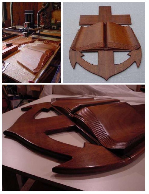 three picture collage of wooden bible anchor carving