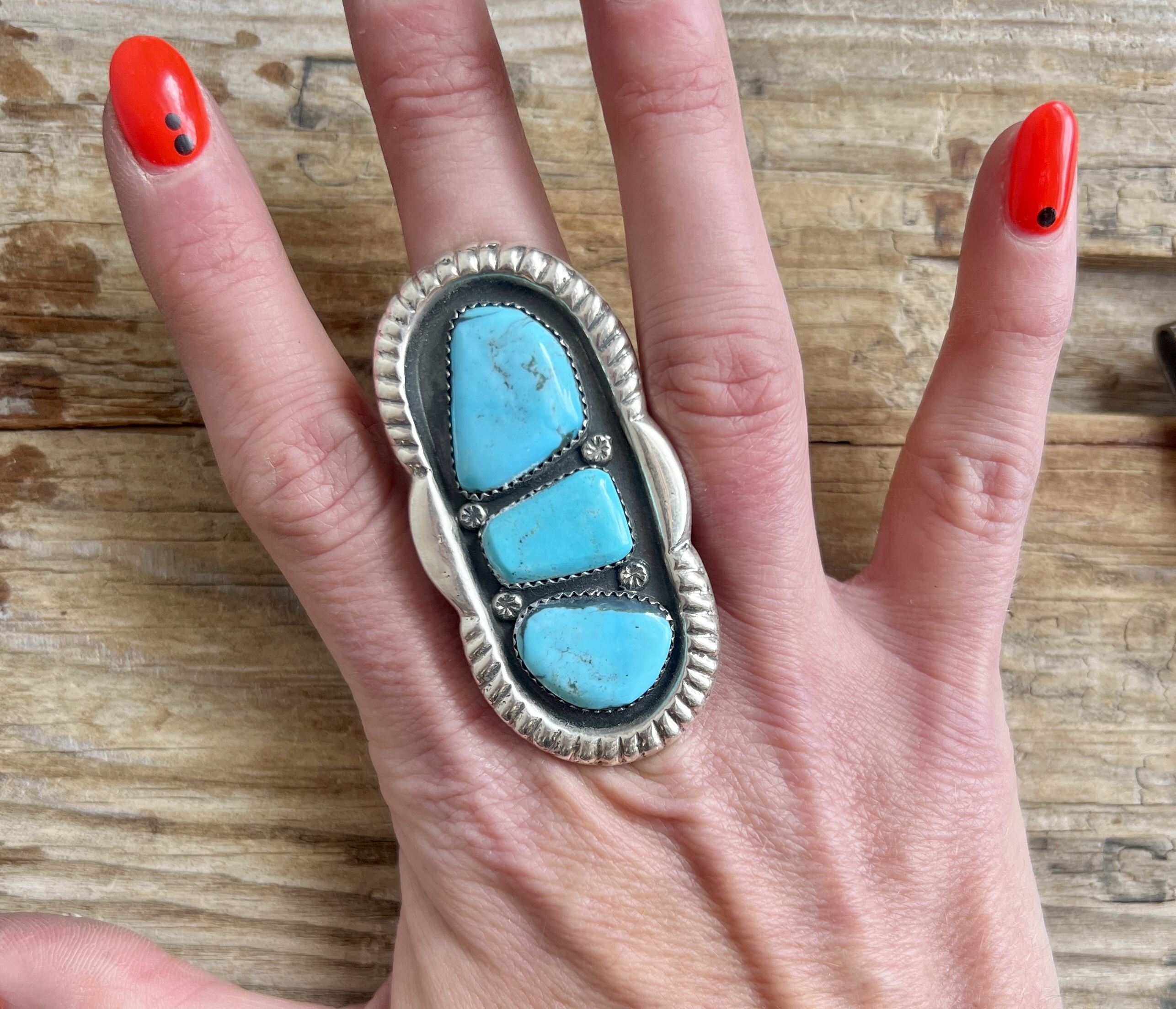 Primitive Style 3 Stone Turquoise Statement Ring, 8.5