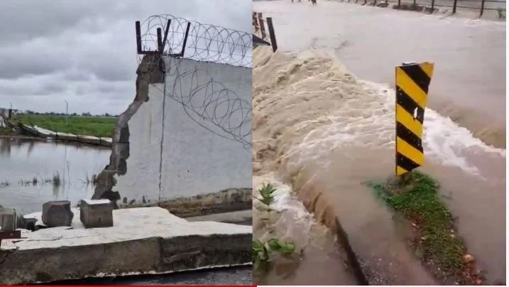 airport wall collapses in rain