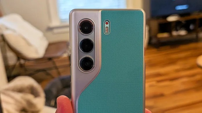 Tecno Camon 40 Pro in Emerald Lake Green color showing the curved AMOLED display and dual rear camera setup.