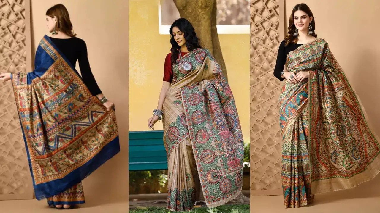 Madhubani print tussar silk saree for Chhath Puja