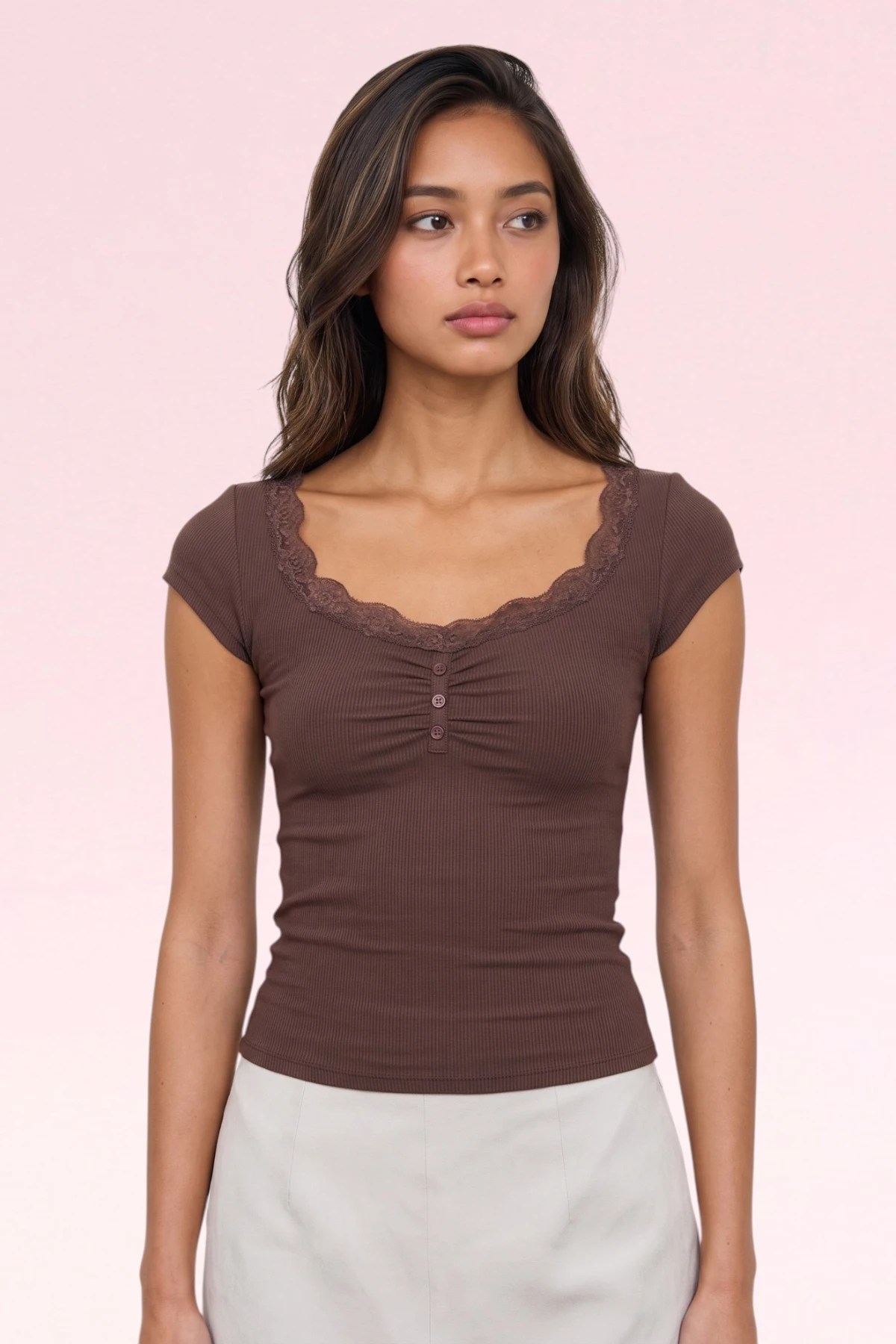 Bella Lace Trim Henley Short Sleeve Top