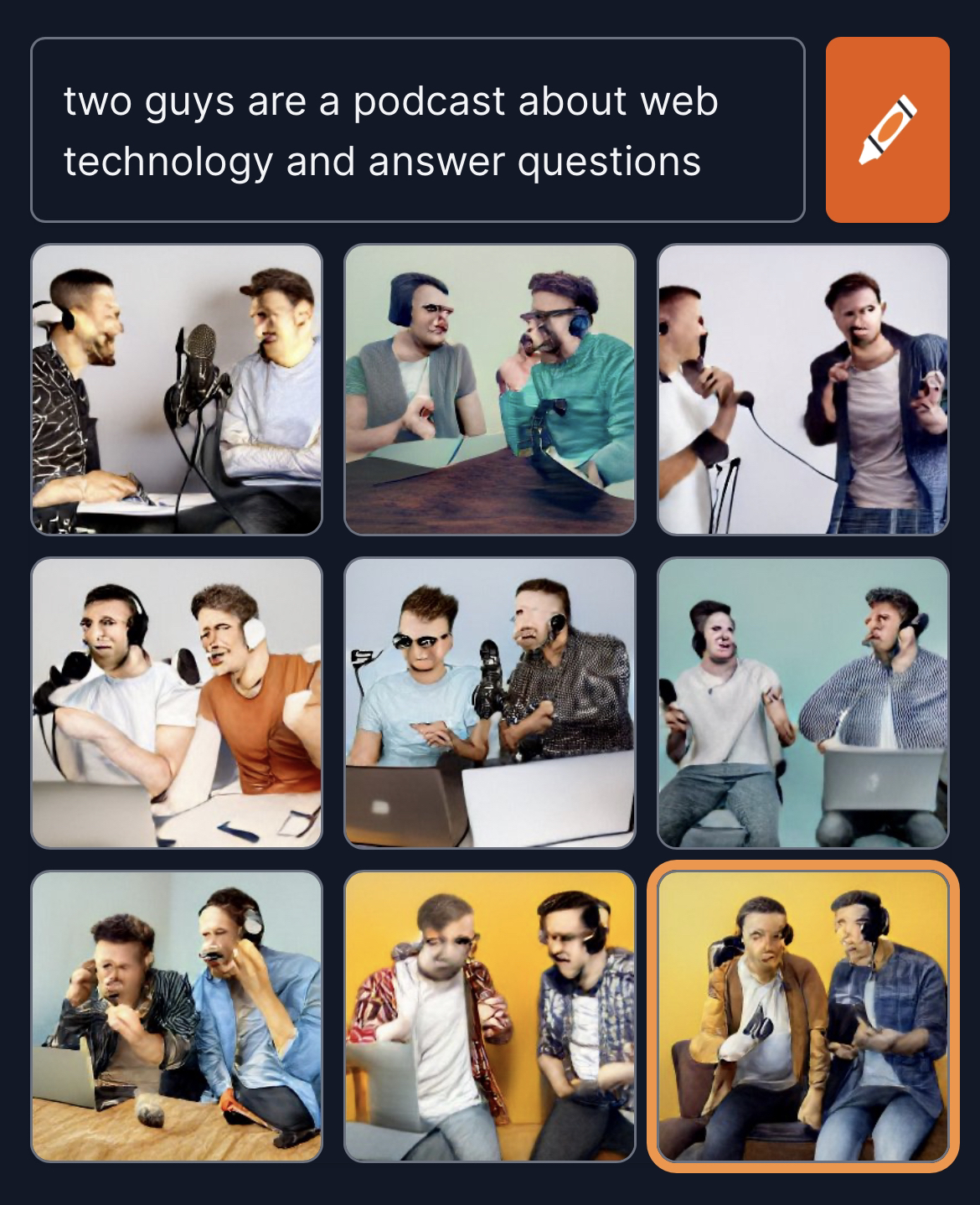 Two guys are a podcast about technology AI generated 9 images of two guys talking into a mic
