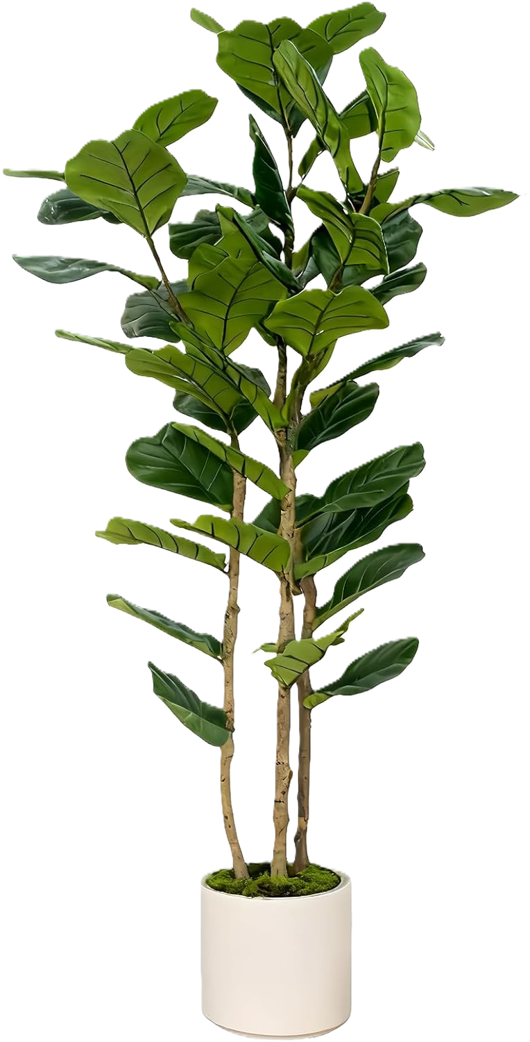 Six-foot faux fiddle leaf fig tree in a living room corner